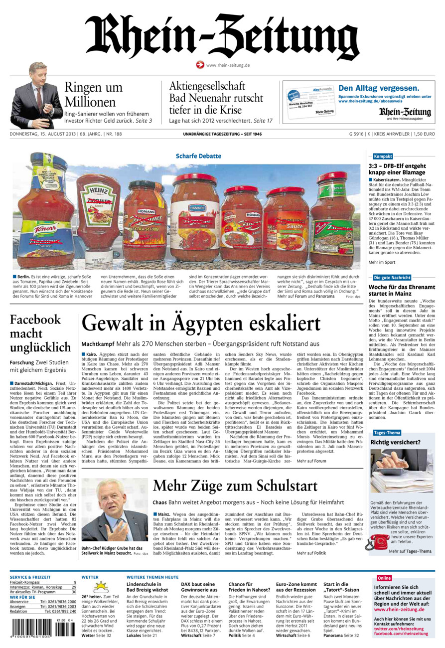 Rhein-Zeitung Kreis Ahrweiler vom Donnerstag, 15.08.2013
