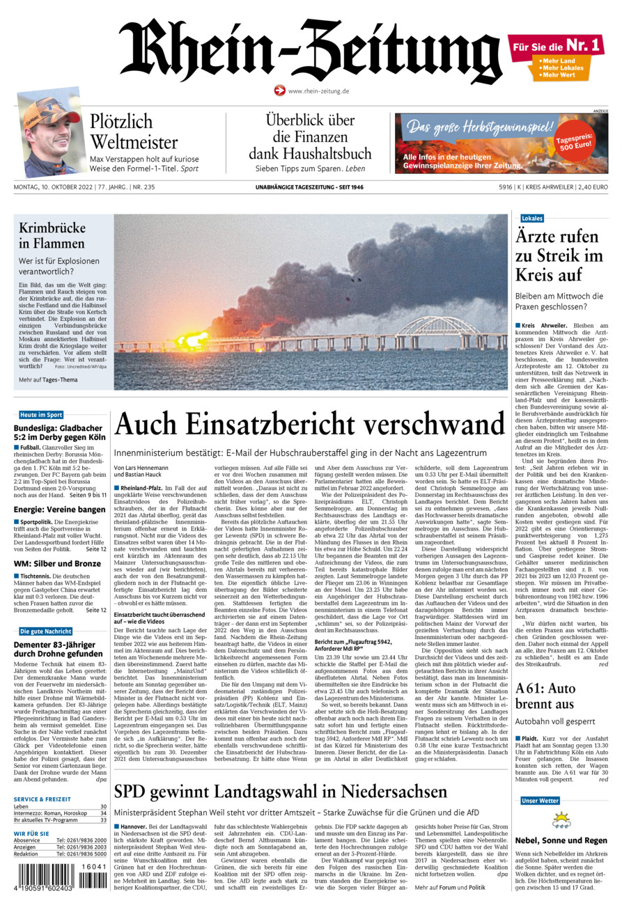 Rhein-Zeitung Kreis Ahrweiler vom Montag, 10.10.2022