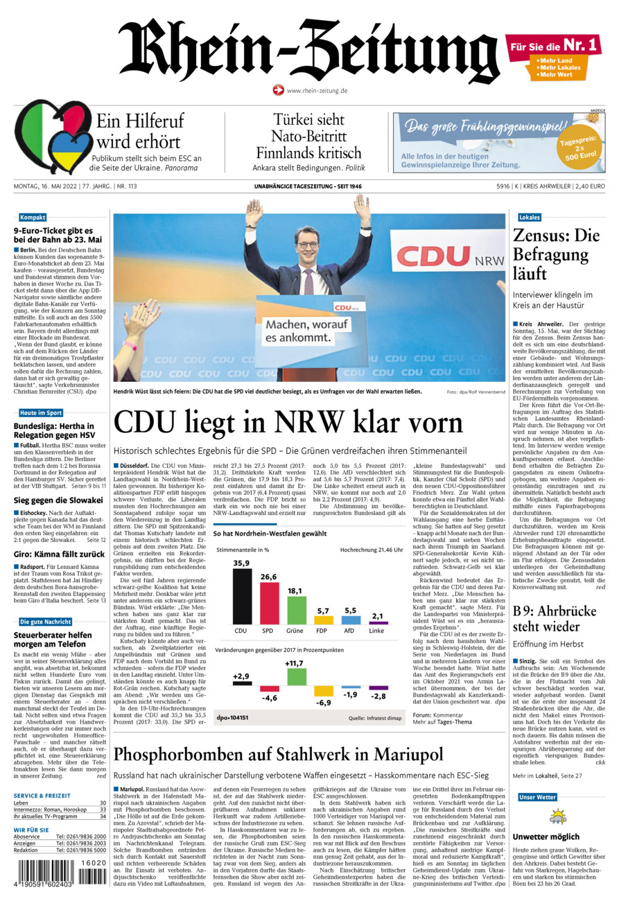 Rhein-Zeitung Kreis Ahrweiler vom Montag, 16.05.2022