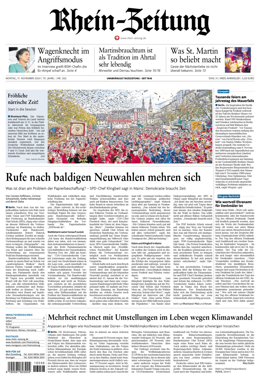 Rhein-Zeitung Kreis Ahrweiler vom Montag, 11.11.2024