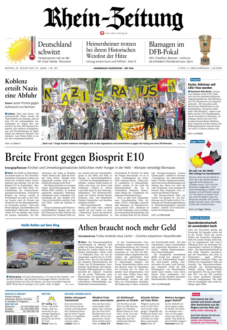 Rhein-Zeitung Kreis Ahrweiler vom Montag, 20.08.2012