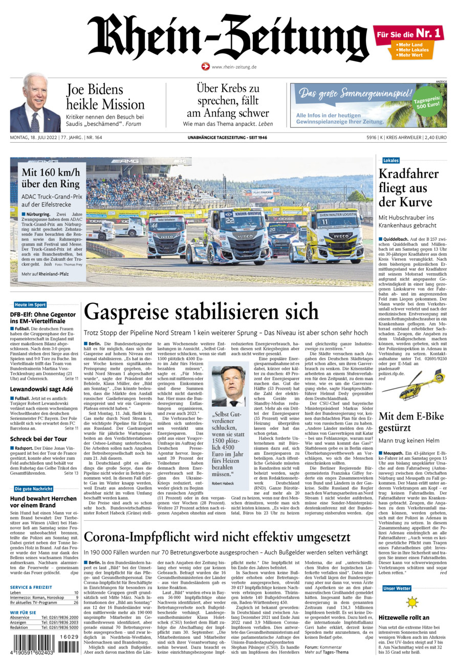 Rhein-Zeitung Kreis Ahrweiler vom Montag, 18.07.2022
