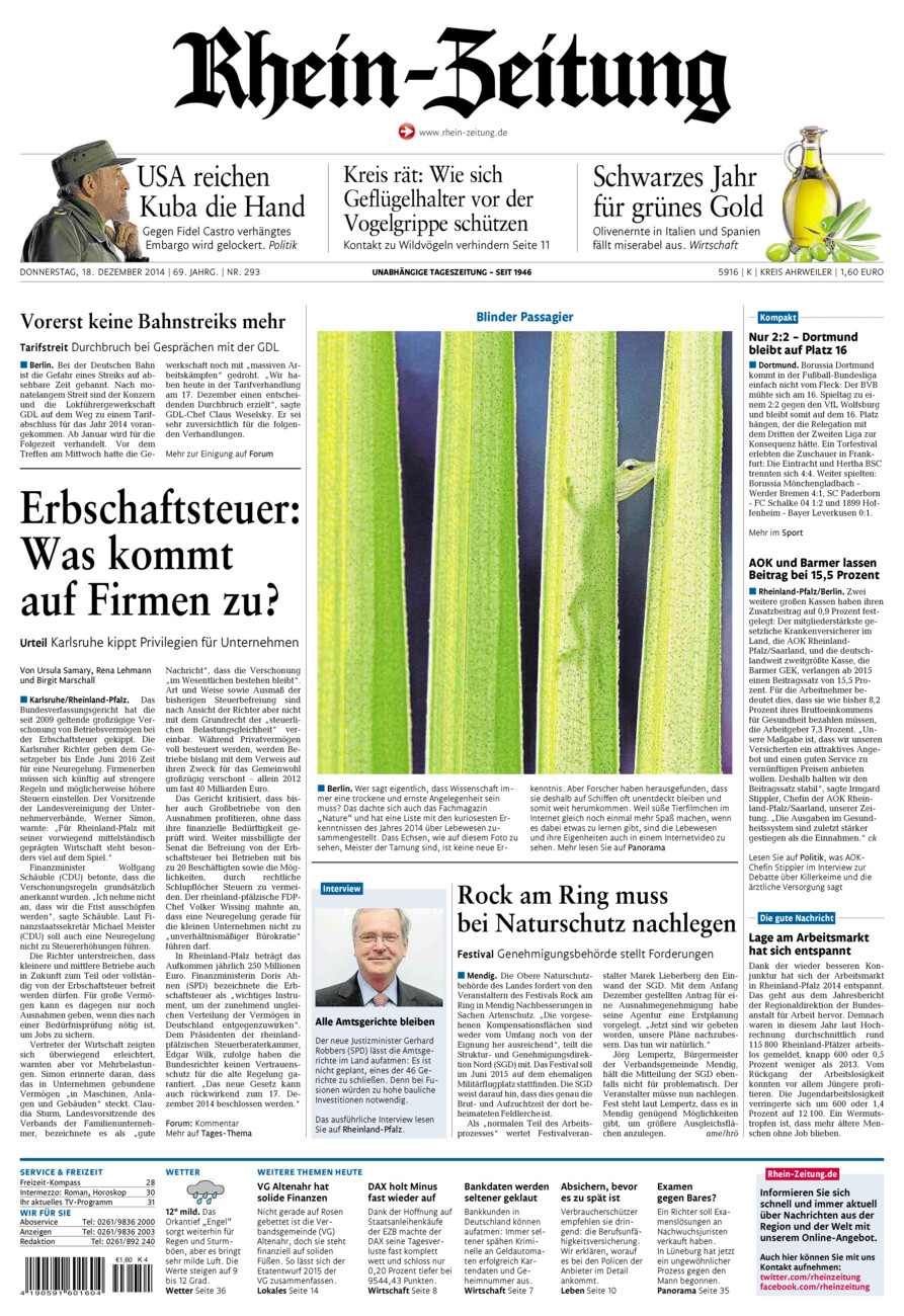 Rhein-Zeitung Kreis Ahrweiler vom Donnerstag, 18.12.2014