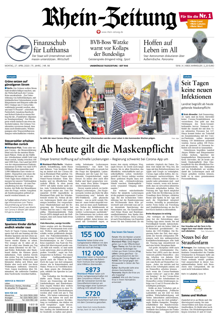 Rhein-Zeitung Kreis Ahrweiler vom Montag, 27.04.2020