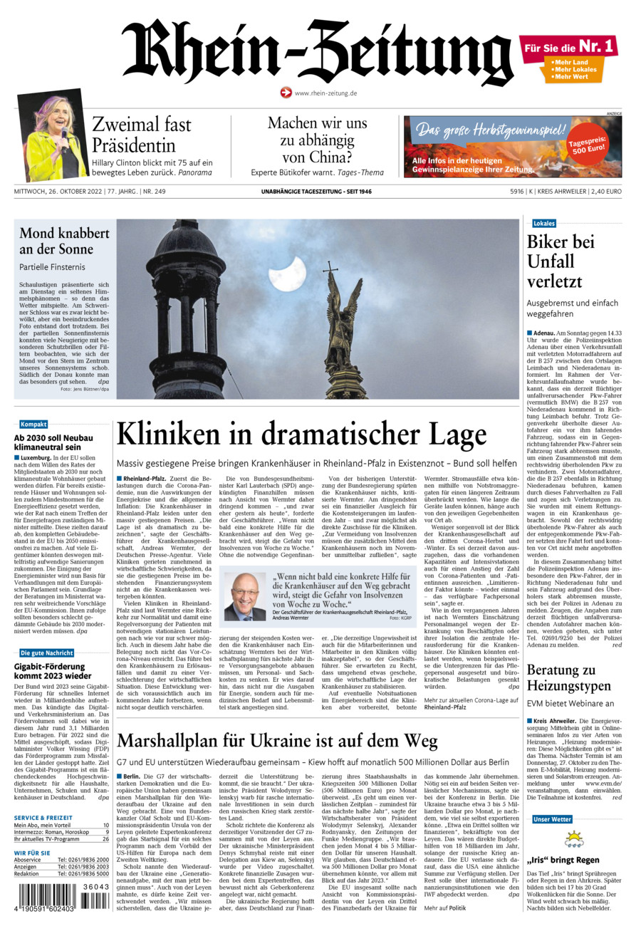 Rhein-Zeitung Kreis Ahrweiler vom Mittwoch, 26.10.2022
