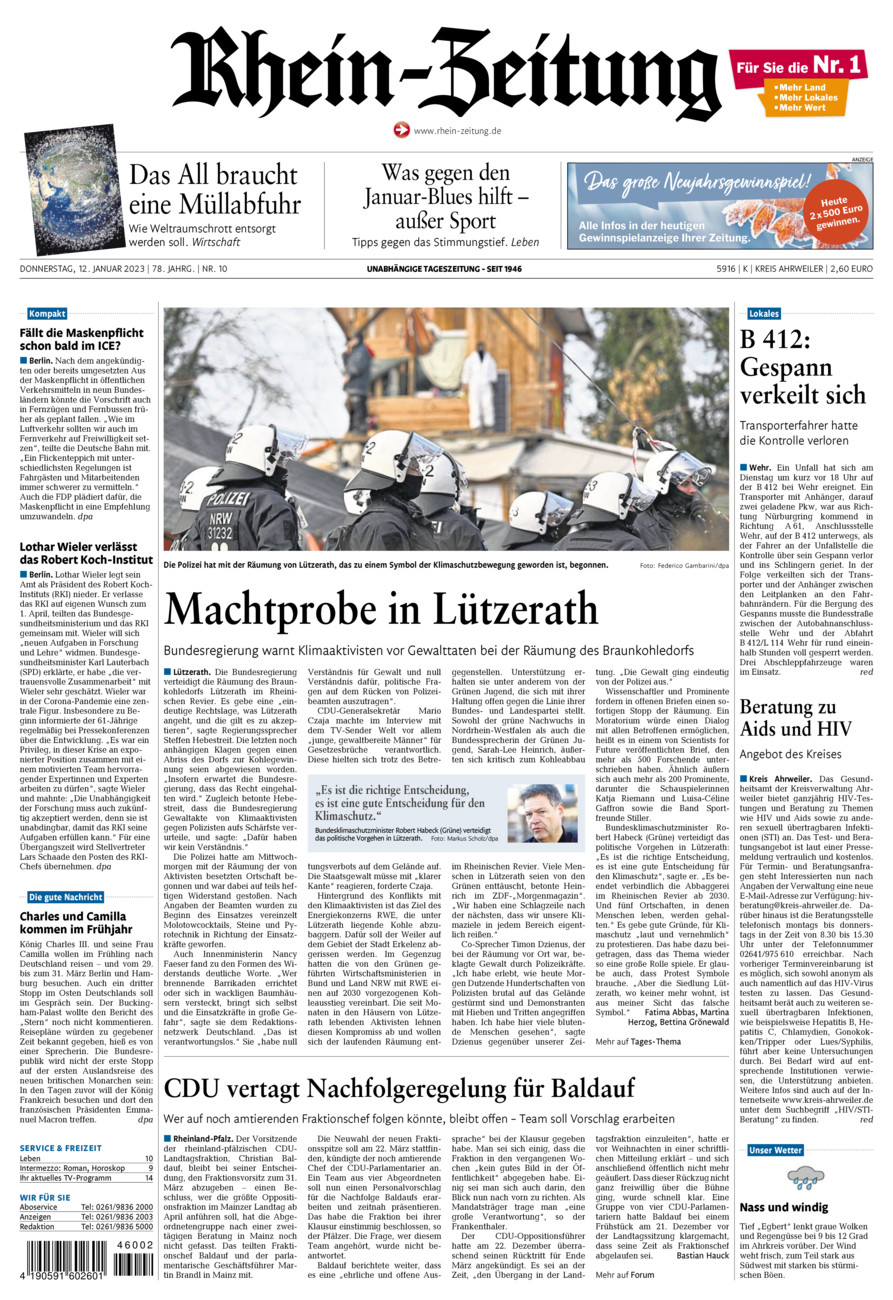Rhein-Zeitung Kreis Ahrweiler vom Donnerstag, 12.01.2023