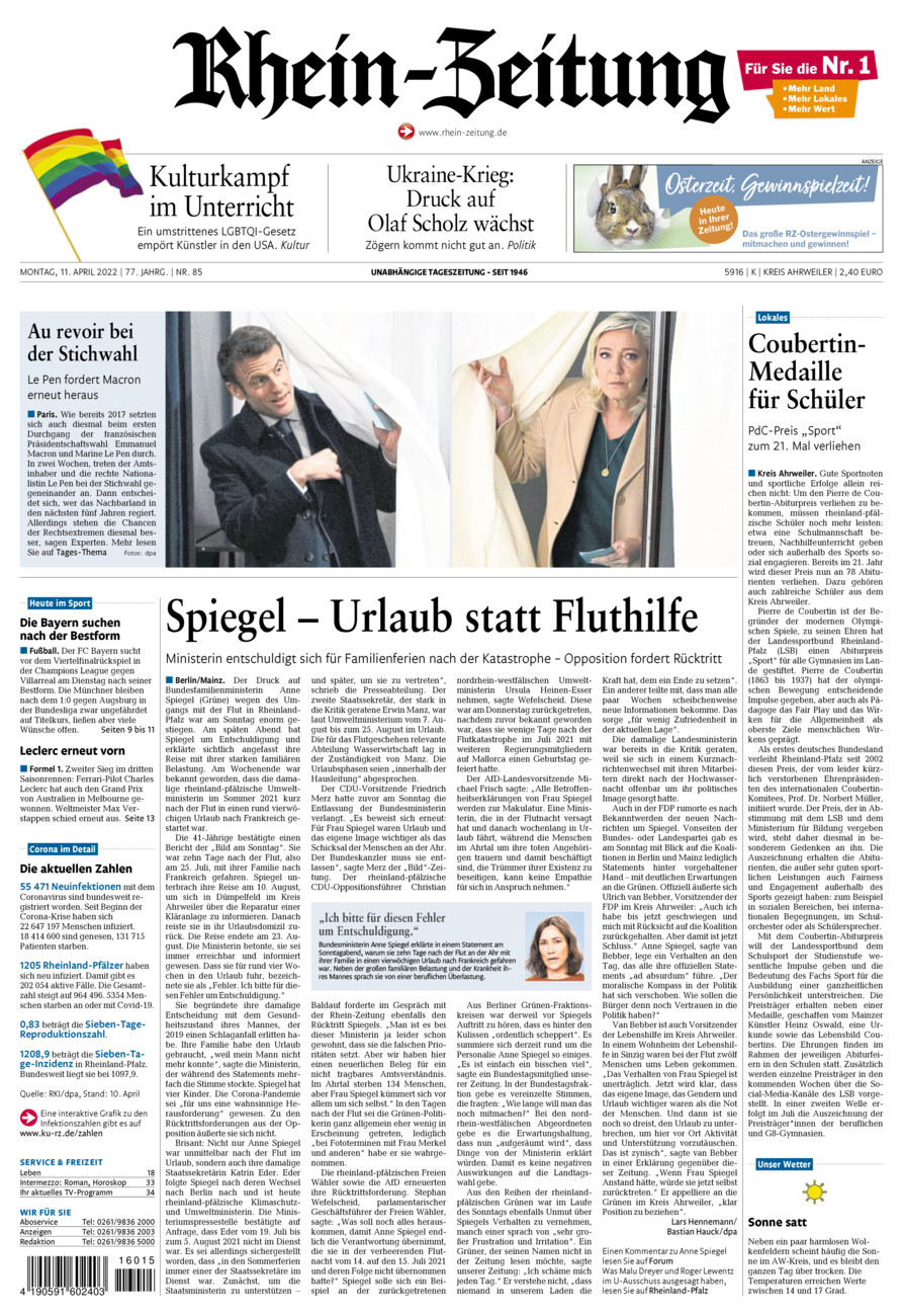 Rhein-Zeitung Kreis Ahrweiler vom Montag, 11.04.2022