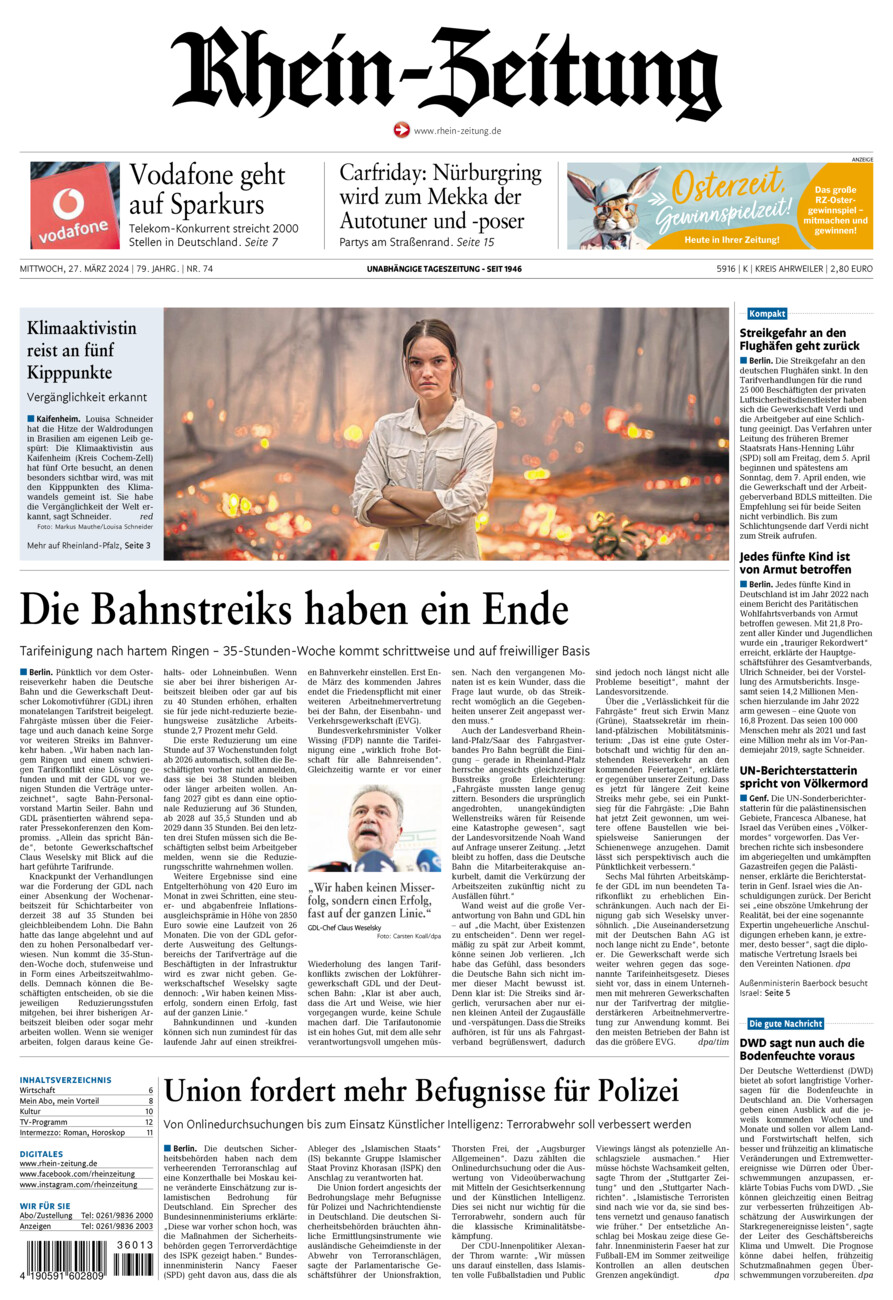 Rhein-Zeitung Kreis Ahrweiler vom Mittwoch, 27.03.2024