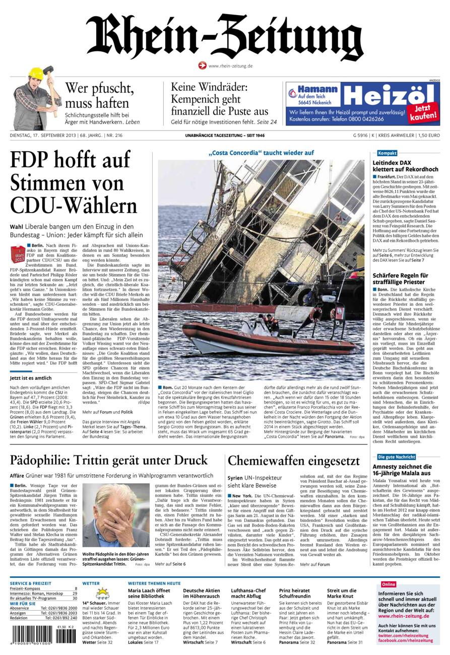 Rhein-Zeitung Kreis Ahrweiler vom Dienstag, 17.09.2013