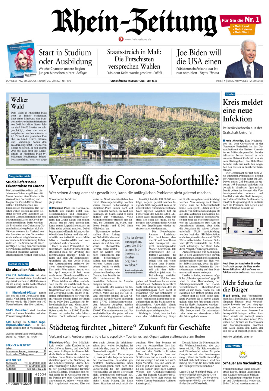 Rhein-Zeitung Kreis Ahrweiler vom Donnerstag, 20.08.2020