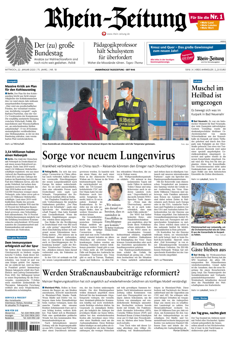 Rhein-Zeitung Kreis Ahrweiler vom Mittwoch, 22.01.2020