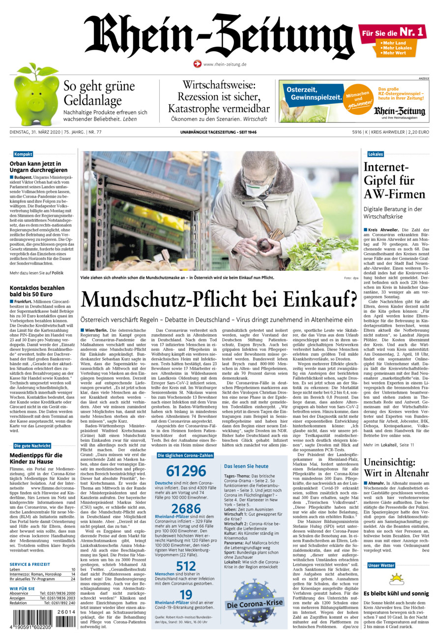 Rhein-Zeitung Kreis Ahrweiler vom Dienstag, 31.03.2020