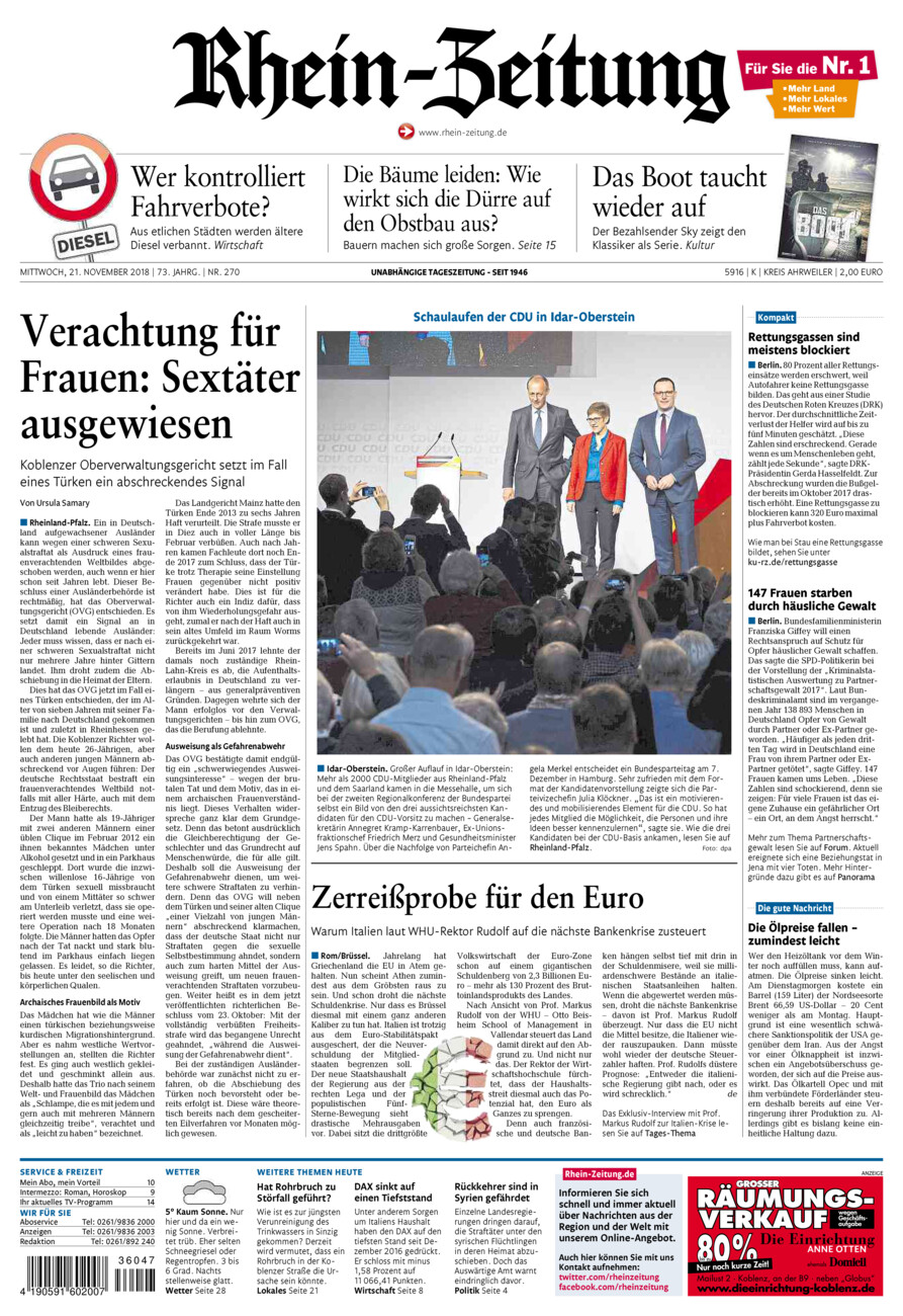 Rhein-Zeitung Kreis Ahrweiler vom Mittwoch, 21.11.2018