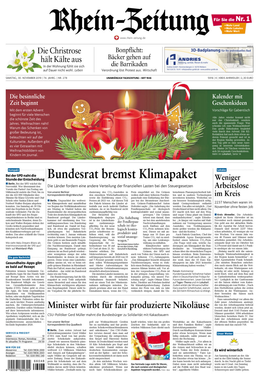Rhein-Zeitung Kreis Ahrweiler vom Samstag, 30.11.2019