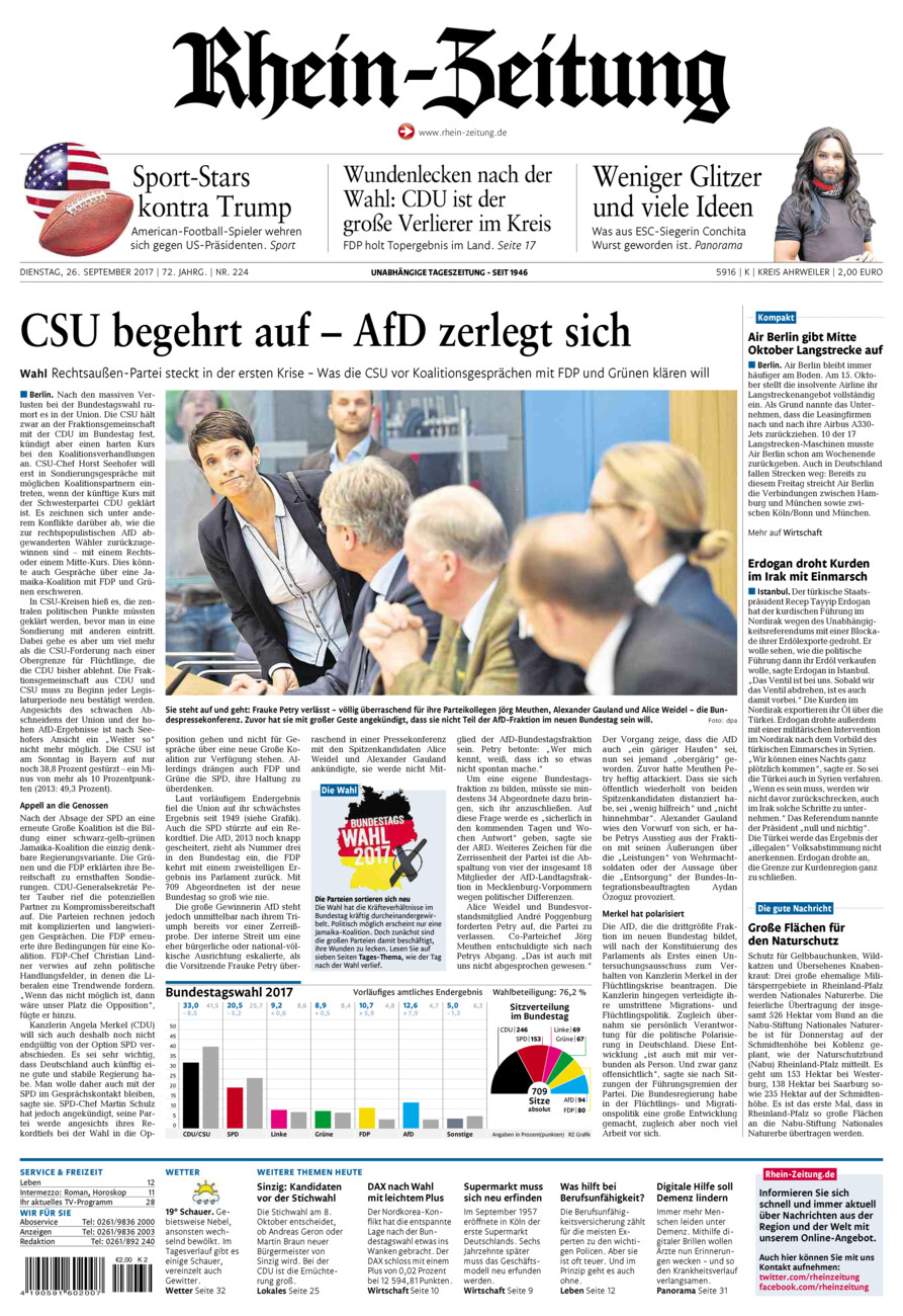 Rhein-Zeitung Kreis Ahrweiler vom Dienstag, 26.09.2017