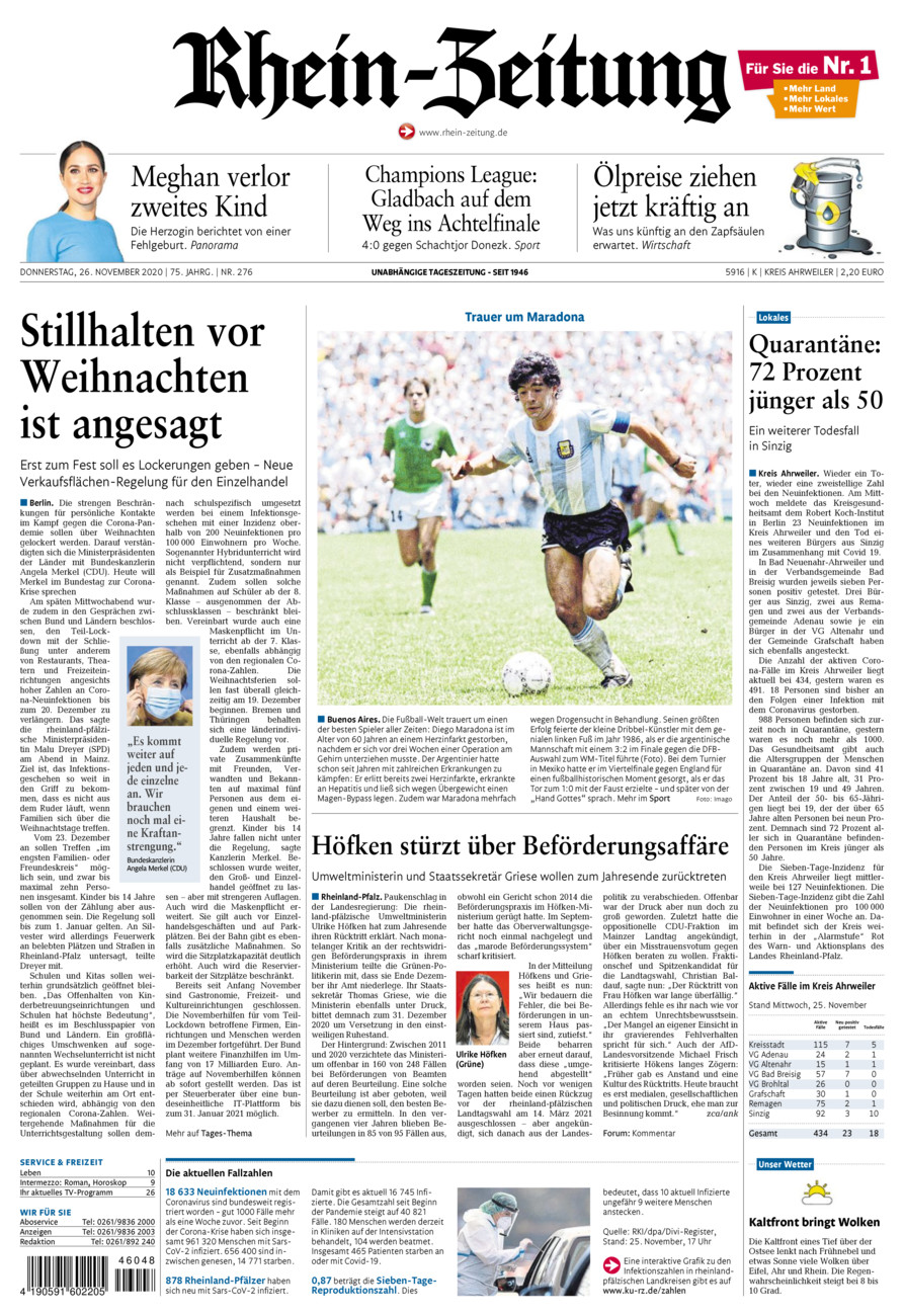 Rhein-Zeitung Kreis Ahrweiler vom Donnerstag, 26.11.2020