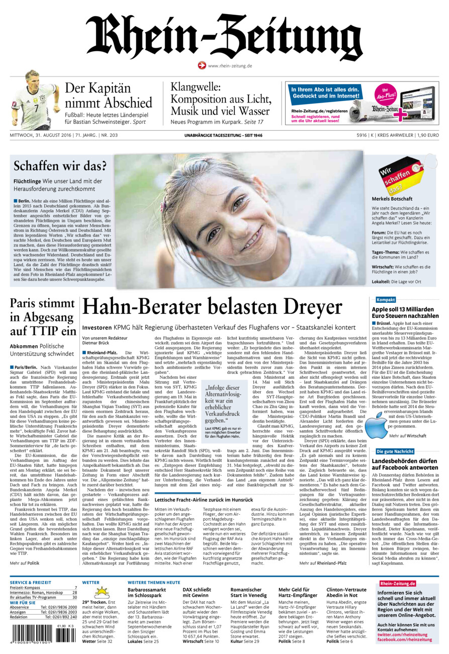 Rhein-Zeitung Kreis Ahrweiler vom Mittwoch, 31.08.2016