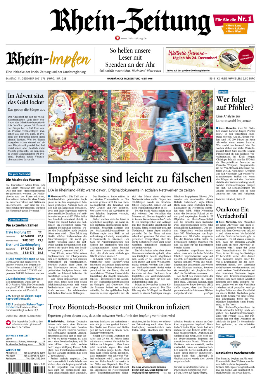 Rhein-Zeitung Kreis Ahrweiler vom Samstag, 11.12.2021