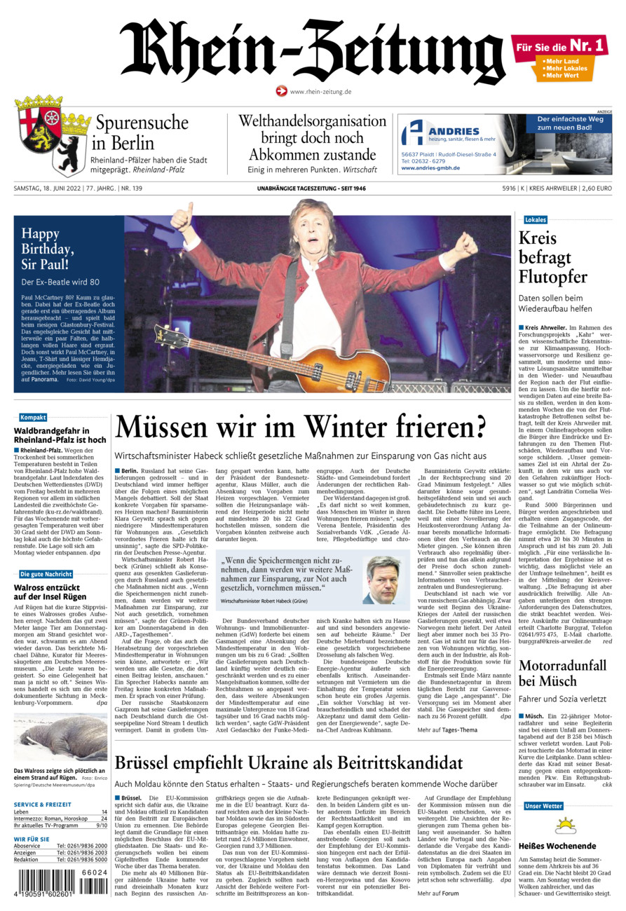 Rhein-Zeitung Kreis Ahrweiler vom Samstag, 18.06.2022