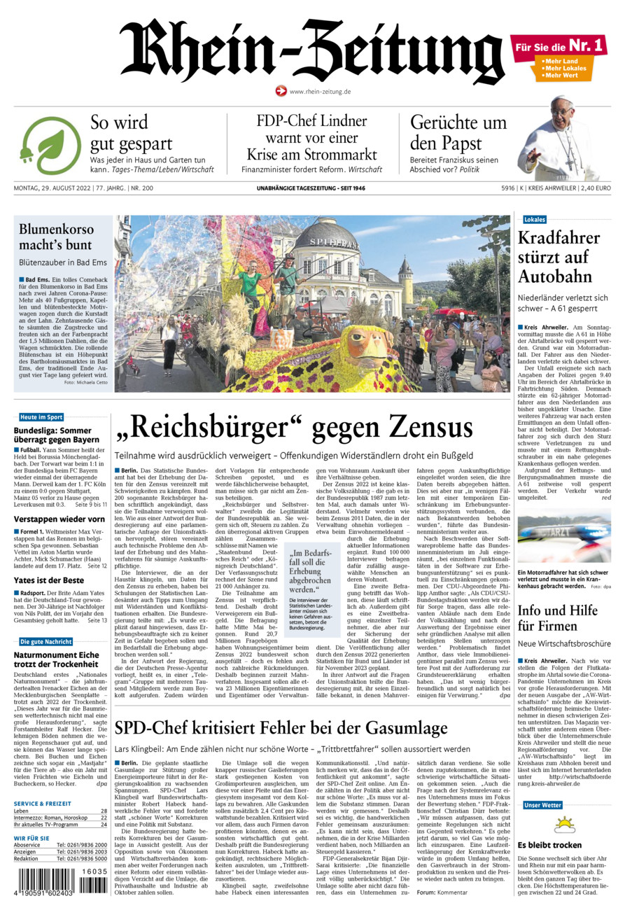Rhein-Zeitung Kreis Ahrweiler vom Montag, 29.08.2022