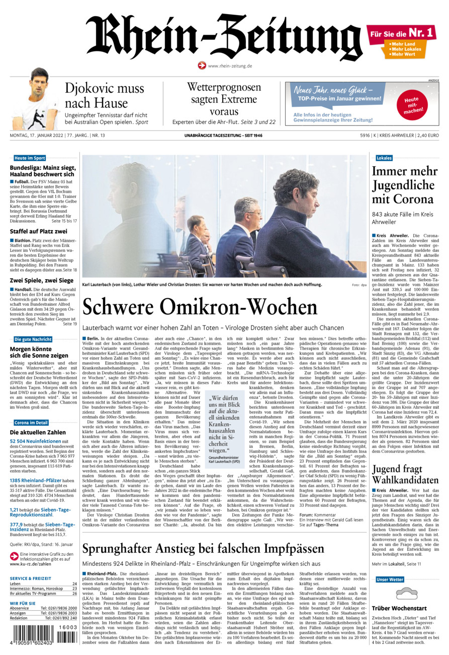 Rhein-Zeitung Kreis Ahrweiler vom Montag, 17.01.2022