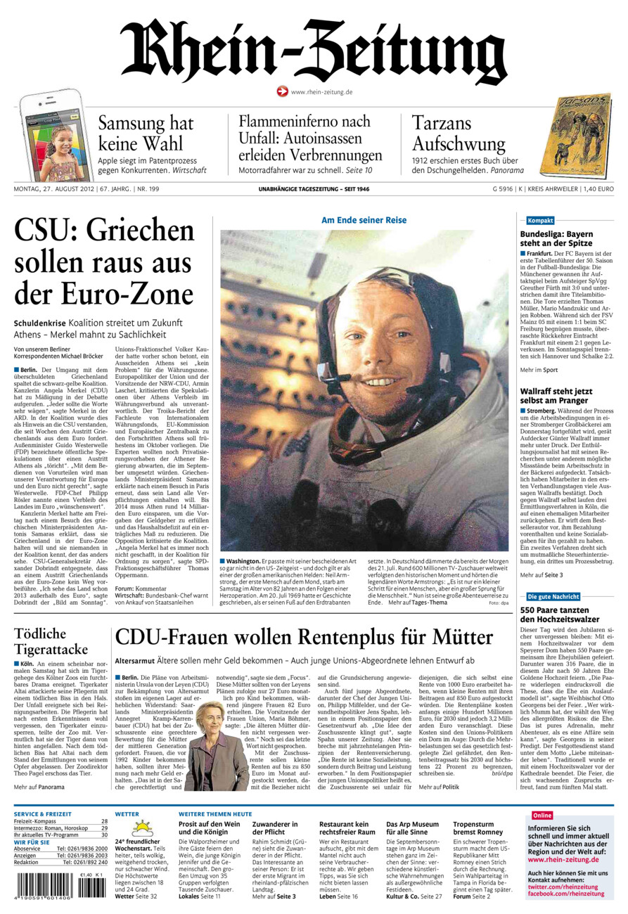 Rhein-Zeitung Kreis Ahrweiler vom Montag, 27.08.2012