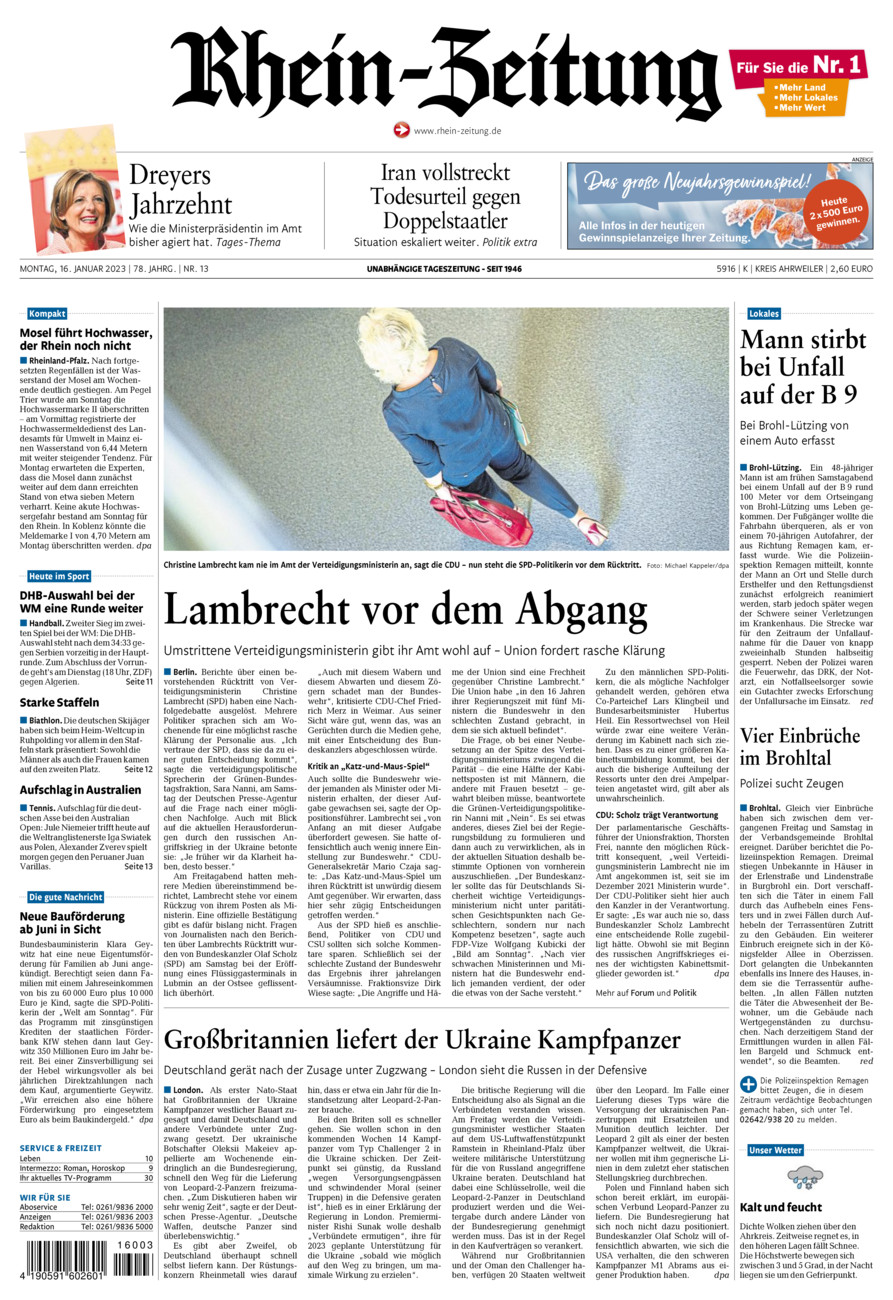 Rhein-Zeitung Kreis Ahrweiler vom Montag, 16.01.2023