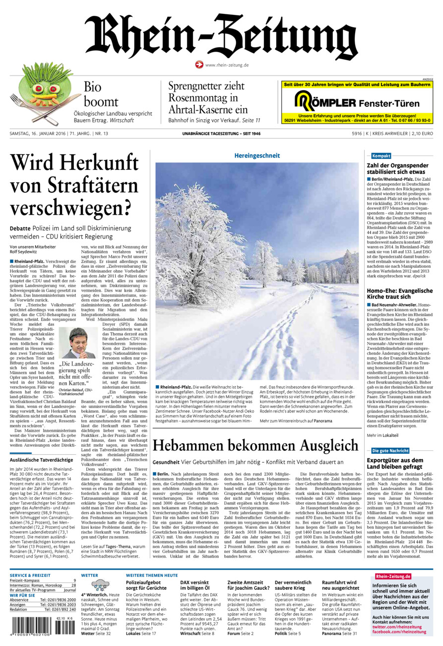 Rhein-Zeitung Kreis Ahrweiler vom Samstag, 16.01.2016