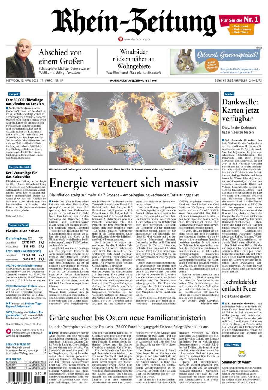 Rhein-Zeitung Kreis Ahrweiler vom Mittwoch, 13.04.2022