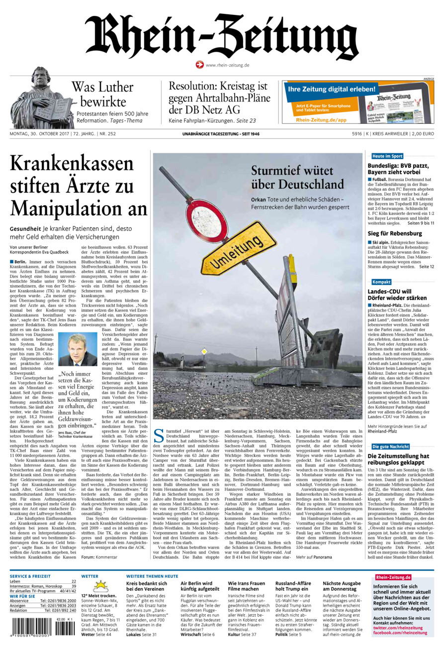 Rhein-Zeitung Kreis Ahrweiler vom Montag, 30.10.2017