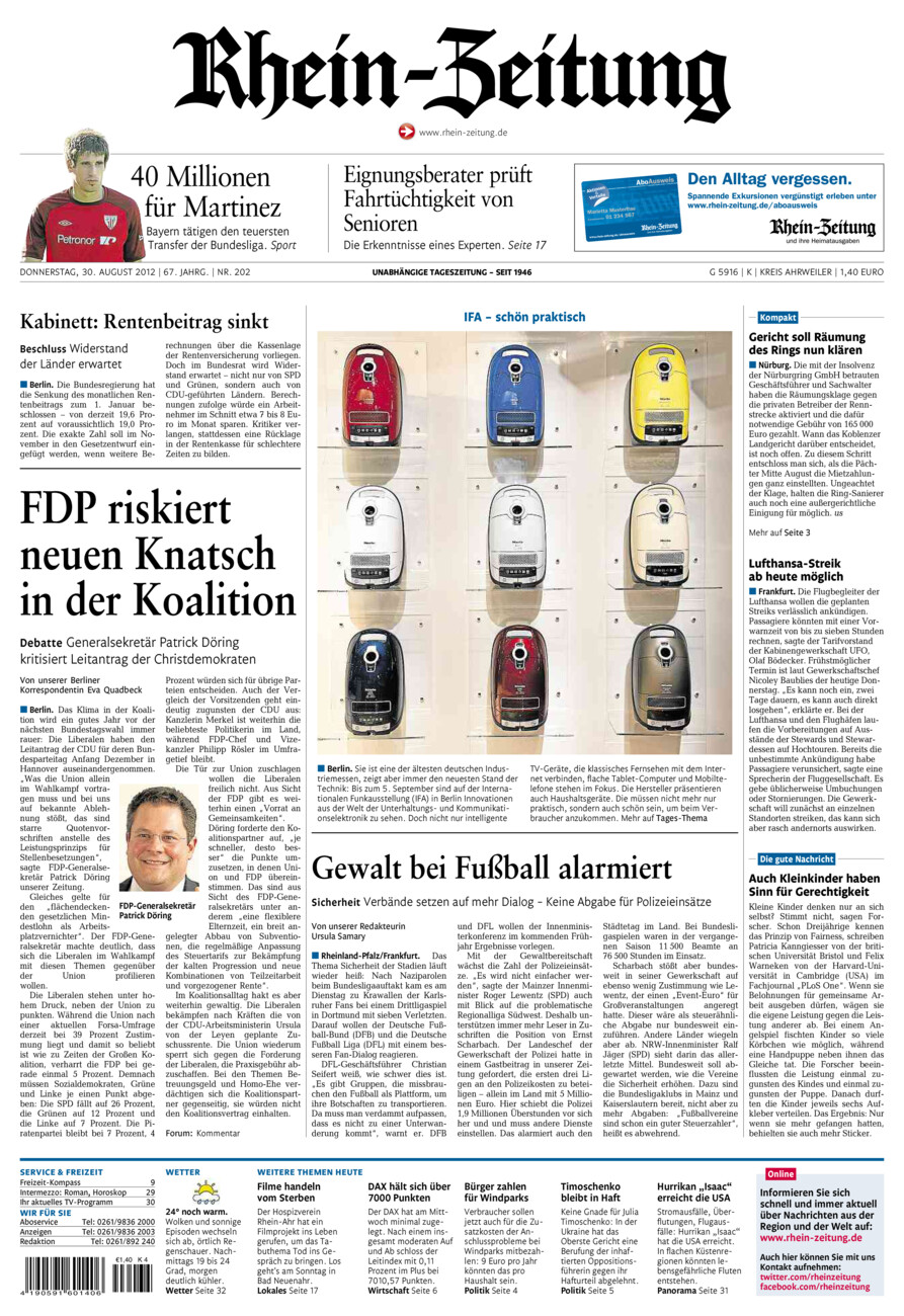 Rhein-Zeitung Kreis Ahrweiler vom Donnerstag, 30.08.2012