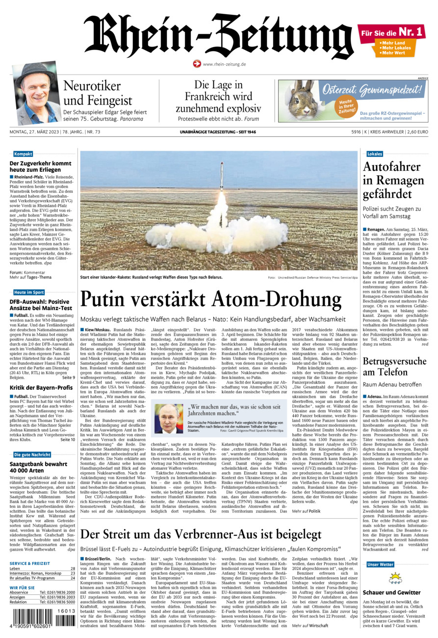 Rhein-Zeitung Kreis Ahrweiler vom Montag, 27.03.2023