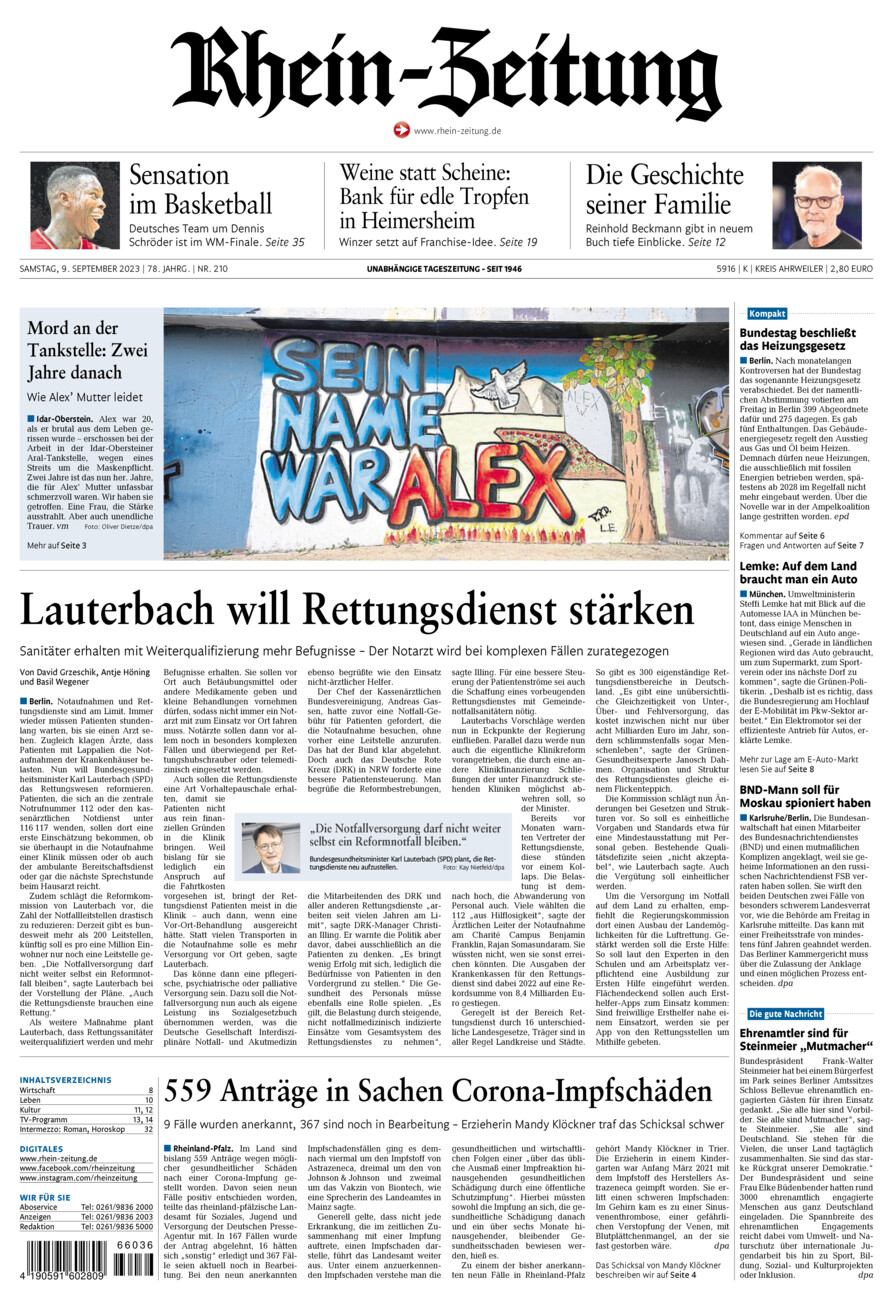 Rhein-Zeitung Kreis Ahrweiler vom Samstag, 09.09.2023