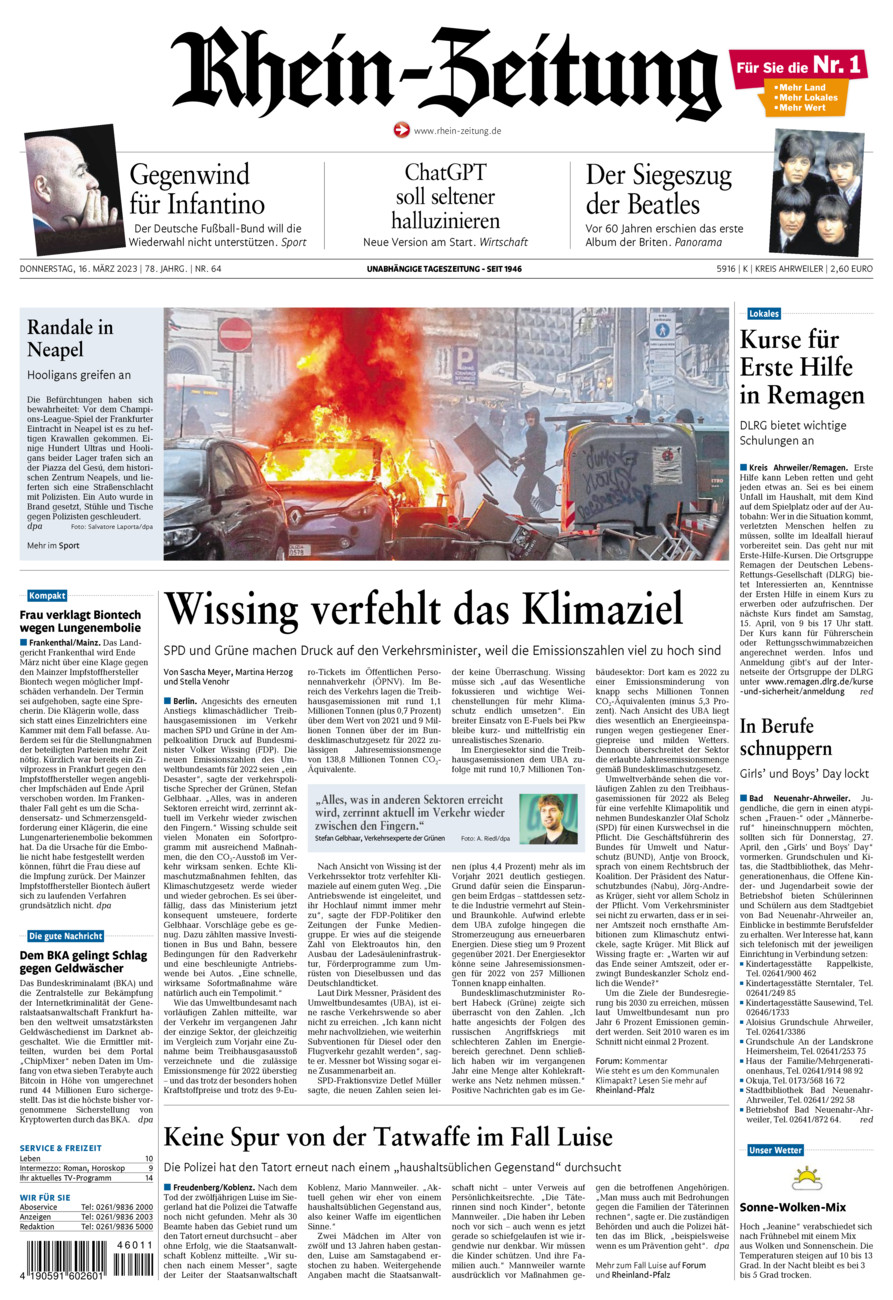 Rhein-Zeitung Kreis Ahrweiler vom Donnerstag, 16.03.2023