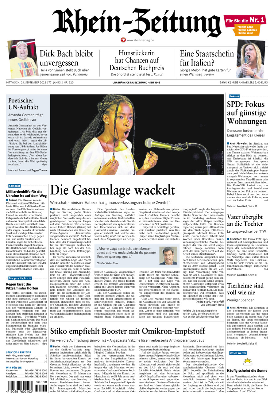 Rhein-Zeitung Kreis Ahrweiler vom Mittwoch, 21.09.2022