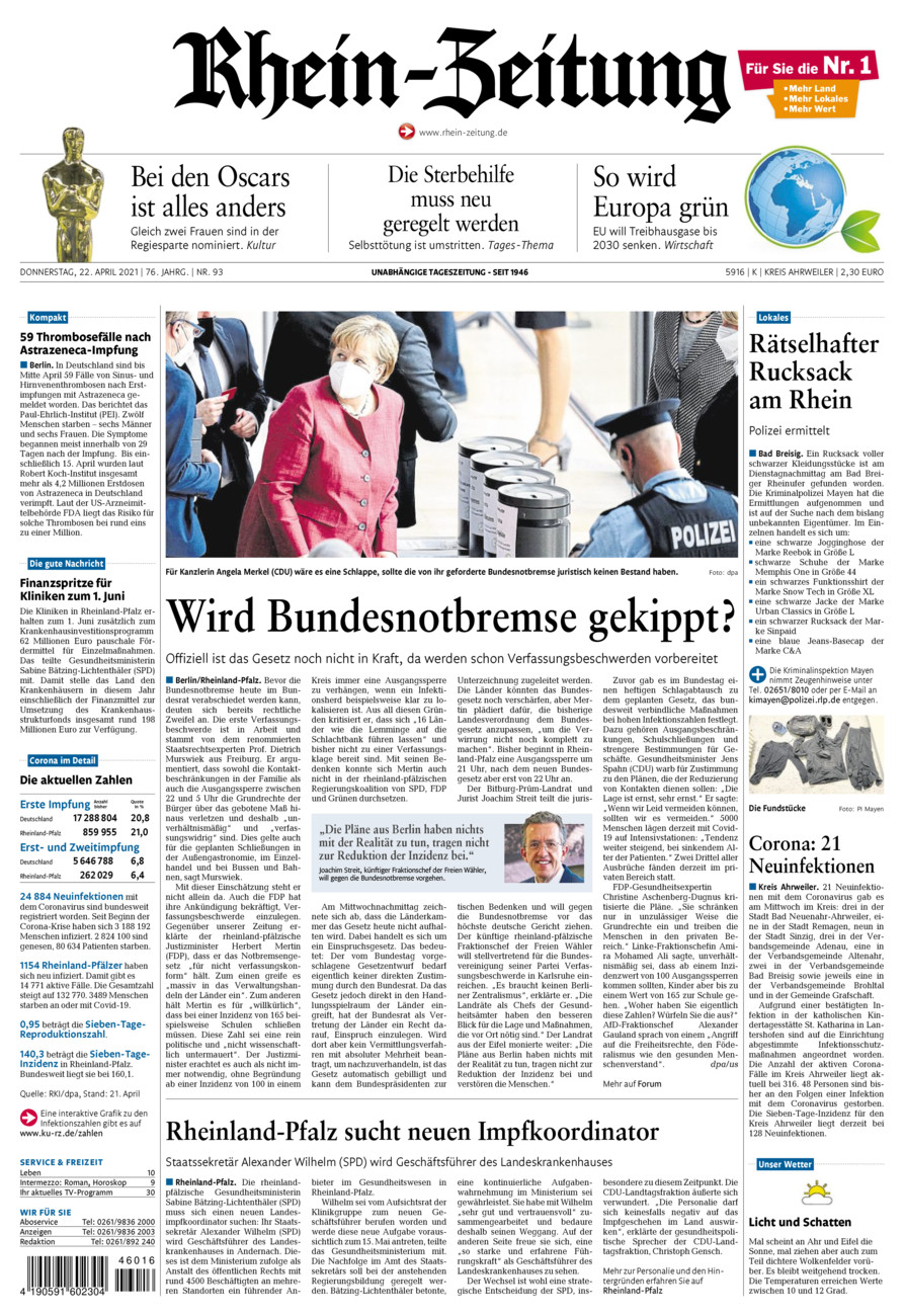 Rhein-Zeitung Kreis Ahrweiler vom Donnerstag, 22.04.2021