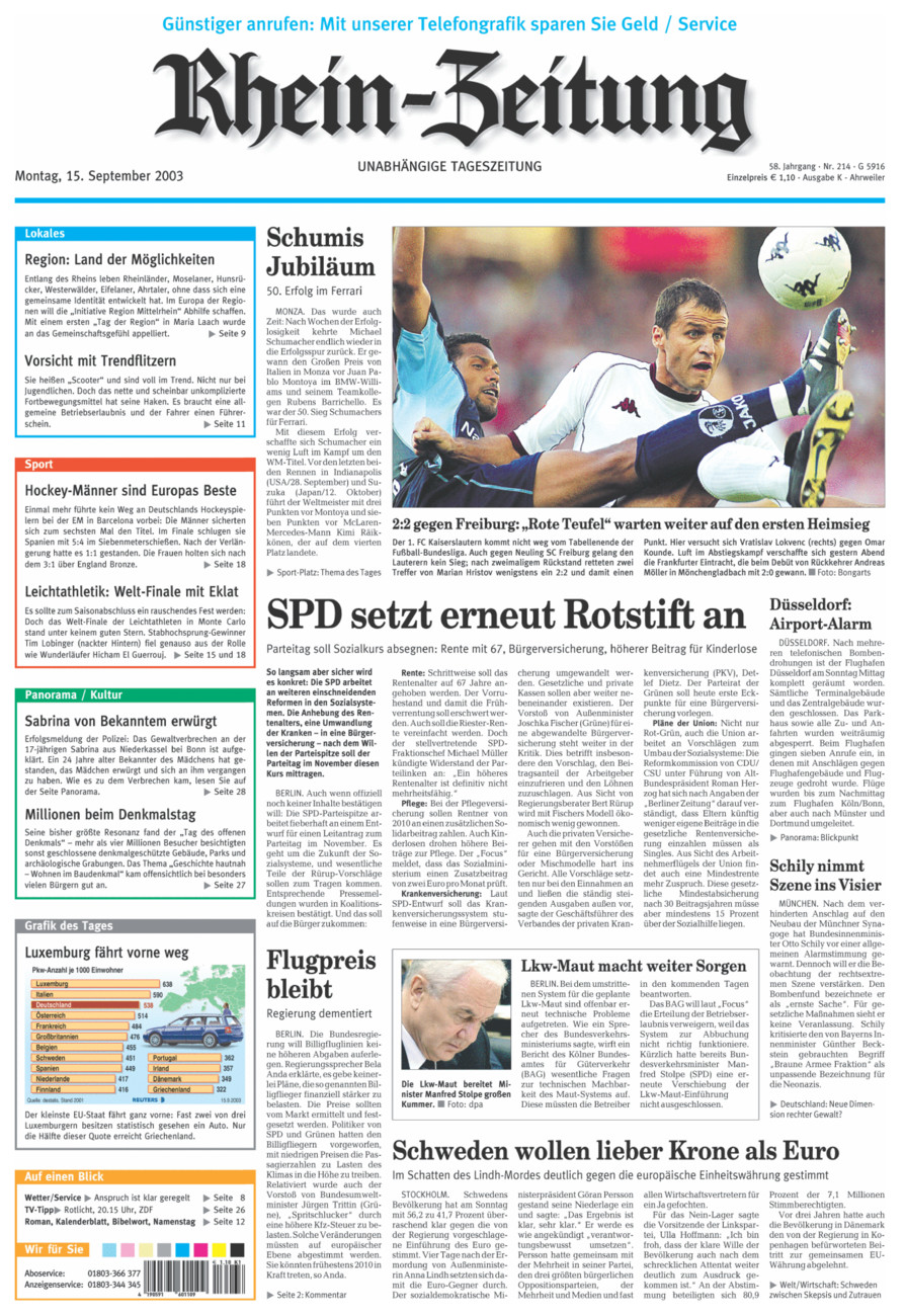Rhein-Zeitung Kreis Ahrweiler vom Montag, 15.09.2003
