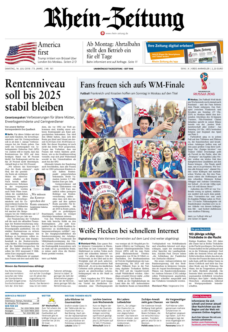 Rhein-Zeitung Kreis Ahrweiler vom Samstag, 14.07.2018