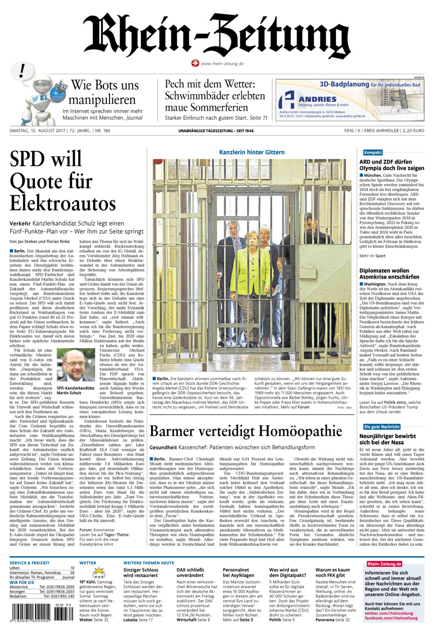Rhein-Zeitung Kreis Ahrweiler vom Samstag, 12.08.2017