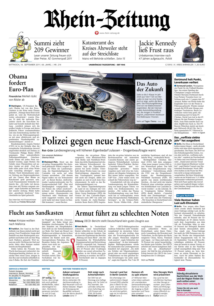 Rhein-Zeitung Kreis Ahrweiler vom Mittwoch, 14.09.2011