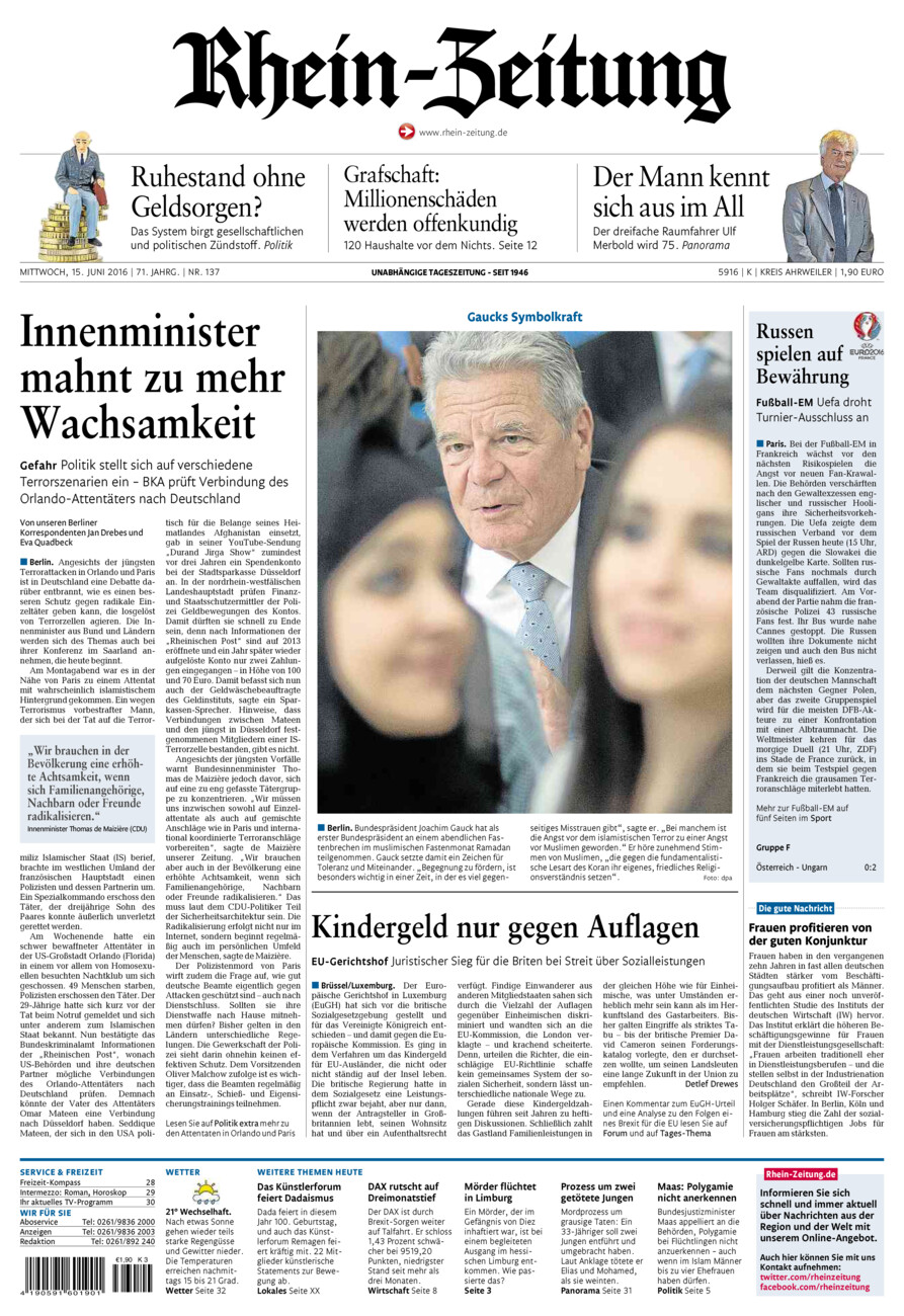 Rhein-Zeitung Kreis Ahrweiler vom Mittwoch, 15.06.2016