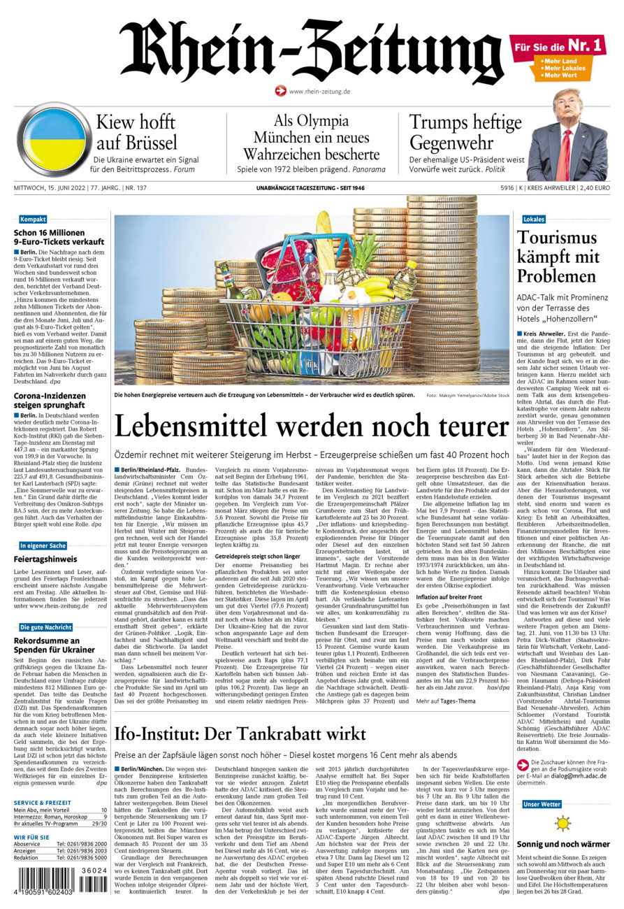 Rhein-Zeitung Kreis Ahrweiler vom Mittwoch, 15.06.2022