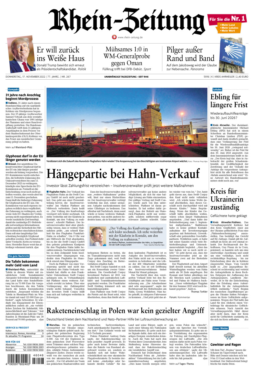 Rhein-Zeitung Kreis Ahrweiler vom Donnerstag, 17.11.2022
