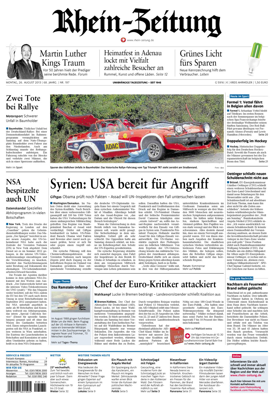 Rhein-Zeitung Kreis Ahrweiler vom Montag, 26.08.2013