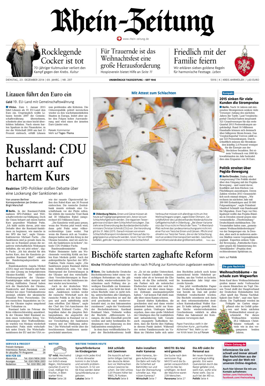 Rhein-Zeitung Kreis Ahrweiler vom Dienstag, 23.12.2014