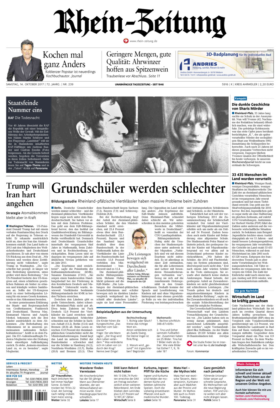 Rhein-Zeitung Kreis Ahrweiler vom Samstag, 14.10.2017