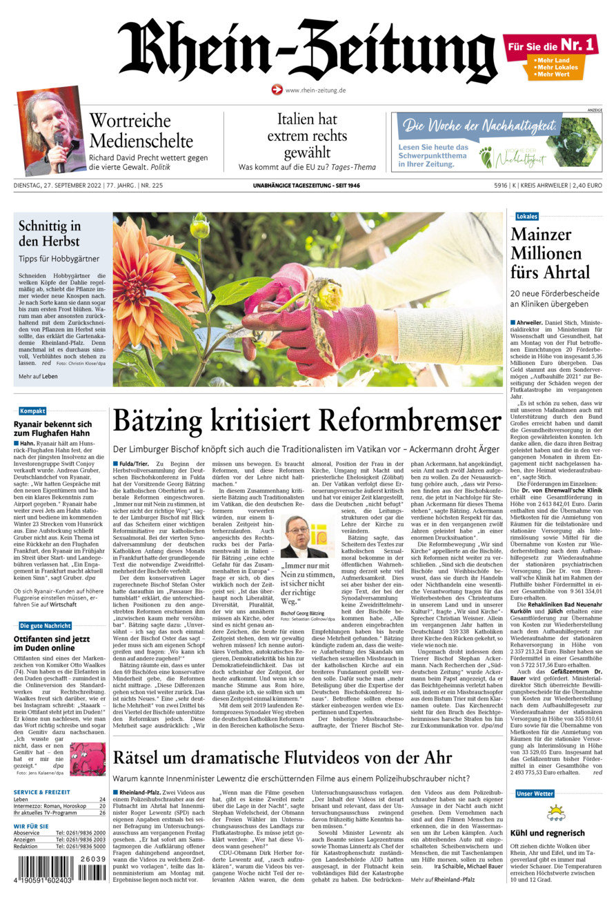 Rhein-Zeitung Kreis Ahrweiler vom Dienstag, 27.09.2022