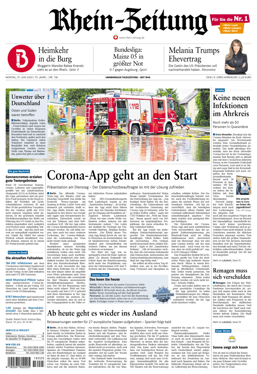 Rhein-Zeitung Kreis Ahrweiler vom Montag, 15.06.2020