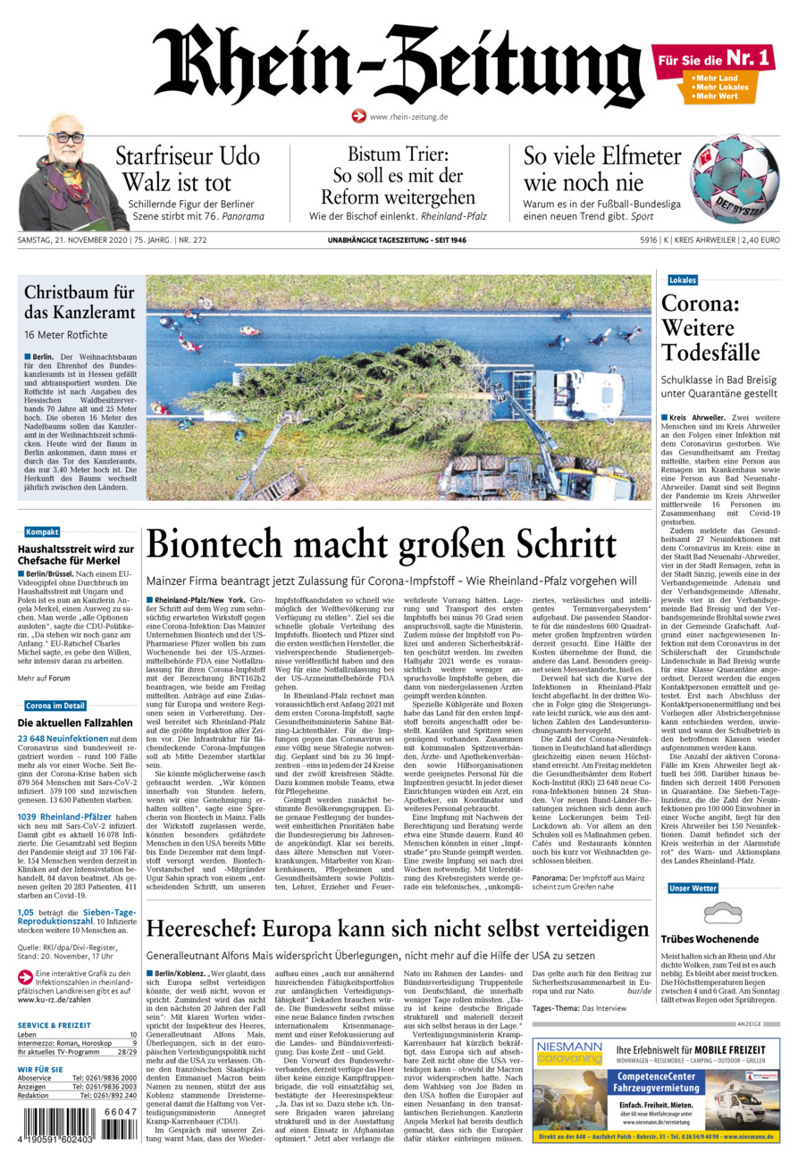 Rhein-Zeitung Kreis Ahrweiler vom Samstag, 21.11.2020