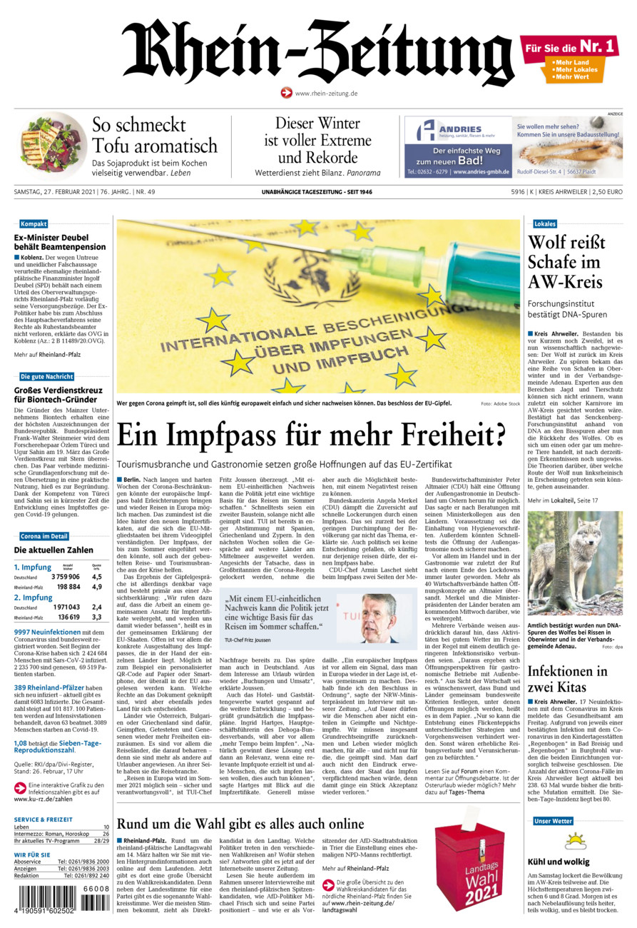Rhein-Zeitung Kreis Ahrweiler vom Samstag, 27.02.2021